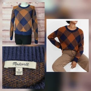 Madewell Women's Orange and Blue Checkered Pullover Sweater Size S